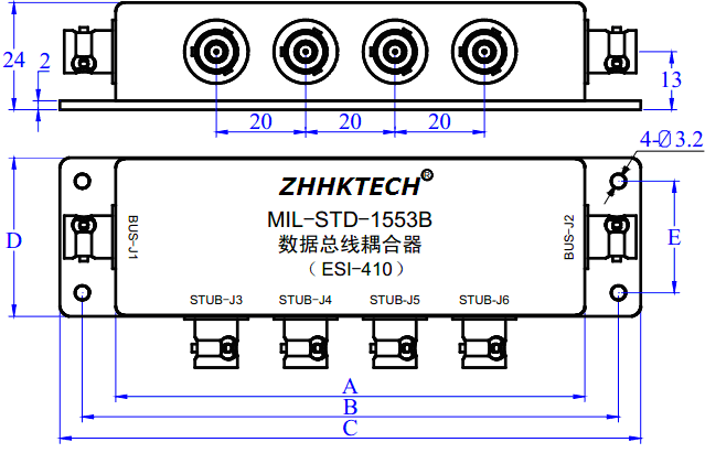 ZHHK-ESI系列1553B盒式耦合器开孔及物理结构尺寸图